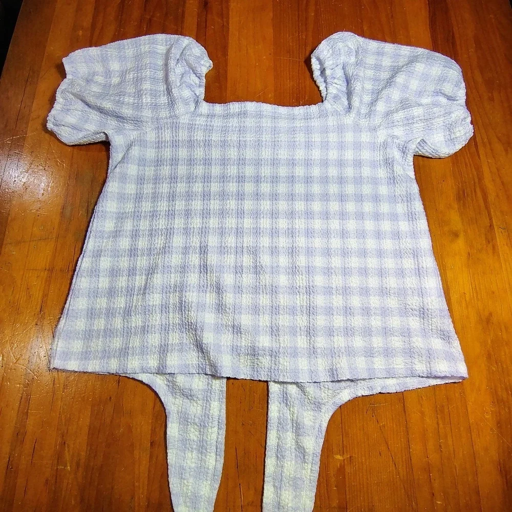 LOFT Women Square Neck Gingham Puff Sleeve Tie Front Top S farmhouse